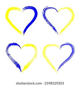 A illustration featuring four hand-drawn heart shapes in blue and yellow, created with expressive brush strokes, symbolizing love and unity. I love Ukraine. Vector illustration
