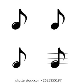 An illustration featuring four isolated, stylized music notes, presented as black silhouettes on a transparent background and five-line staff.