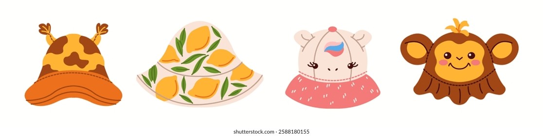Illustration featuring four tropical-themed bucket hats with vibrant fruit prints, perfect for stylish children's summer outfits.