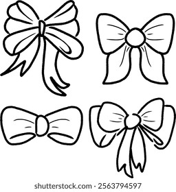 Illustration featuring four unique hand-drawn decorative bows, showcasing different styles in black and white. Great for designs, crafts, decorations, and themes of elegance and celebration.