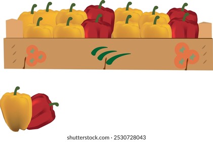 Illustration featuring fresh yellow and red bell peppers inside a wooden crate, promoting healthy eating and local farming