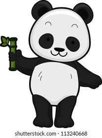 Illustration Featuring the Front View of a Giant Panda Holding a Bamboo Shoot