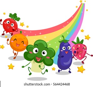 Illustration Featuring Fruit and Vegetable Mascots Leaving a Colorful Trail as They Run