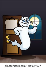 illustration of a featuring ghost with goofy  faces come out from office door on office background