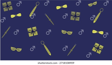 Ilustración con un regalo, una corbata, gafas, un reloj, una pajarita y el símbolo masculino sobre un fondo azul.