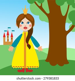 Illustration Featuring a Girl Dressed as a Princess. Magical fabulous cartoon castle. 