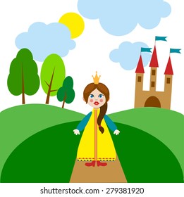 Illustration Featuring a Girl Dressed as a Princess. Magical fabulous cartoon castle. 