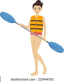 Illustration Featuring a Girl Holding a Kayak Paddle