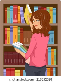 Illustration mit einem Mädchen in einer Bibliothek Auswahl von Büchern