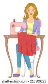 Illustration Featuring a Girl Making a Dress Using a Treadle Sewing Machine