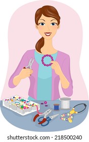 Illustration Featuring a Girl Making Homemade Jewelry