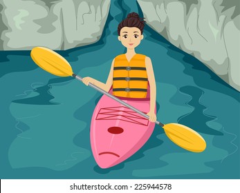 Illustration Featuring a Girl Maneuvering a Kayak