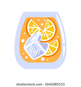 illustration featuring a glass filled with ice cubes and fresh orange slices. captures the essence of a refreshing beverage, perfect for summer and tropical themes. Ideal for drink-related projects.