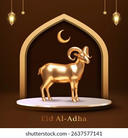Illustration featuring a golden ram statue symbolizing Eid al Adha, with crescent moon and decorative lanterns on rich brown background, representing festivities, tradition, and religious celebration.