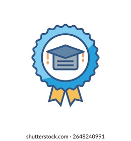 Illustration featuring graduation cap badge with blue rosette and golden ribbons. Clean and stylized graphic ideal for educational themes.