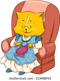 Illustration Featuring a Granny Cat Knitting