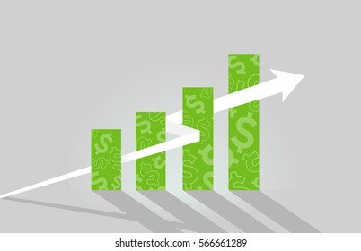 Illustration Featuring A Green Bar Graph Printed With Dollar Signs With An Arrow On An Upward Trajectory Passing Through It