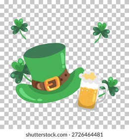 Illustration featuring a green leprechaun hat with a brown buckle, a frothy mug of beer, and several lucky shamrocks, all celebrating St. Patrick's Day.
