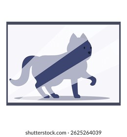 Illustration featuring a grey cat walking behind a glass window, with light reflecting on the glass