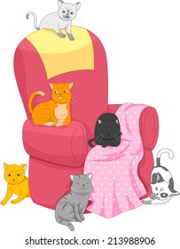 Illustration Featuring a Group of Cats Scattered Around an Empty Chair