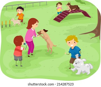 Illustration Featuring a Group of Children Training Their Dogs to Perform Agility Tests