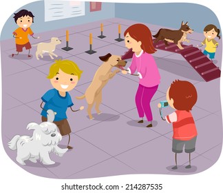 Illustration Featuring a Group of Children Training Their Dogs to Perform Agiliy Tests