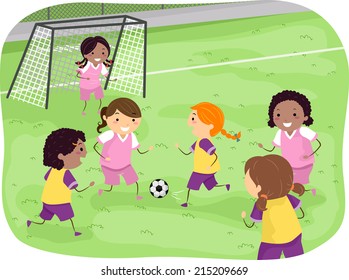 Illustration Featuring a Group of Girls Playing Soccer in a Field