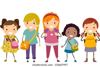 Illustration Featuring a Group of Girls with Varying Ages