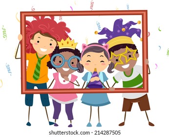 Illustration Featuring a Group of Kids Wearing Party Costumes Holding a Hollow Frame