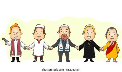 Ilustración que muestra a un grupo de hombres de diferentes orígenes religiosos dando la mano en una muestra de unidad