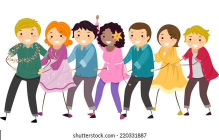 Illustration mit einer Gruppe von Menschen in einer Conga-Linie