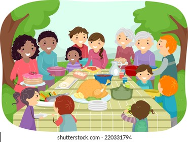 Illustration Featuring a Group of People Enjoying a Potluck Party Outdoors