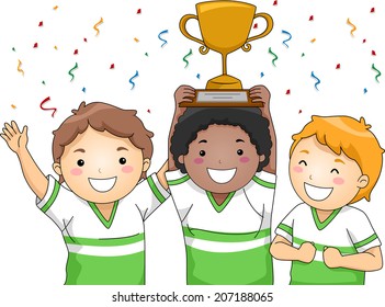 Illustration Featuring a Group of Smiling Boys Showing Off Their Trophy