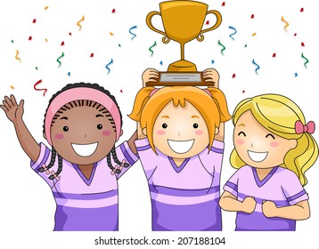 Illustration Featuring a Group of Smiling Girls Showing Off Their Trophy