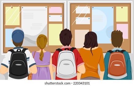 Illustration Featuring a Group of Students Gathered in Front of a Bulletin Board