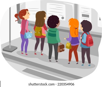 Illustration Featuring a Group of Students Gathered in Front of a Bulletin Board