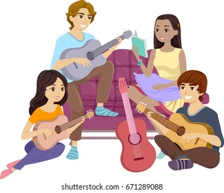 Ilustración con un grupo de adolescentes cantando y tocando la guitarra juntos