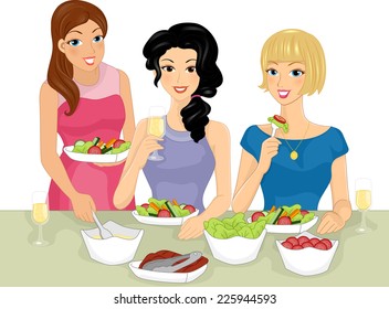 Illustration Featuring a Group of Women Having a Salad Party