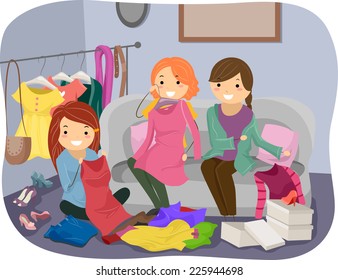 Illustration Featuring a Group of Women Swapping Clothes