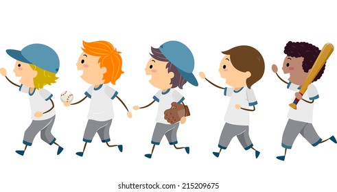 Illustration Featuring a Group of Young Baseball Players Walking Across the Street