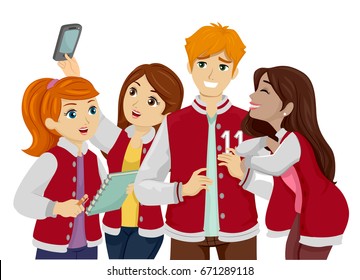 Illustration Featuring a Group of Young Teenage Girls Clinging to a Popular Teenage Guy in a Jersey