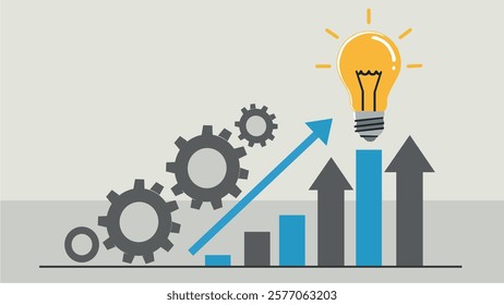 An illustration featuring a growth chart with ascending bars, gears representing productivity, and a glowing lightbulb symbolizing innovation and ideas. This design represents progress, teamwork, and 