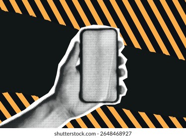 Illustration featuring a halftone and cutout style hand holding a smartphone positioned over a black and orange industrial-themed background