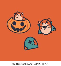 Illustration featuring hamsters dressed as Dracula, hamsters in jack-o'-lanterns, and green graves on an captivating orange background. A whimsical and festive design for Halloween.