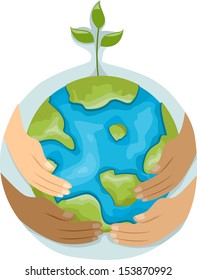 Illustration Featuring Hands with Different Colors Holding a Globe with a Plant on Top