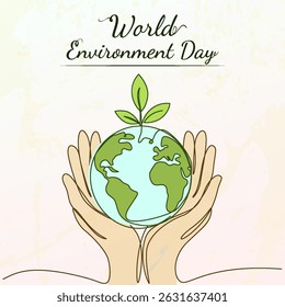 Illustration featuring hands holding globe symbolizing care and environmental awareness, designed to commemorate the spirit of World Environment Day and environmental sustainability.