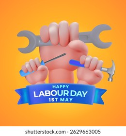 Illustration featuring hands holding tools, a cheerful blue ribbon reading appy Labour Day. Represents unity, hard work, tools, and workers celebration on May 1st.