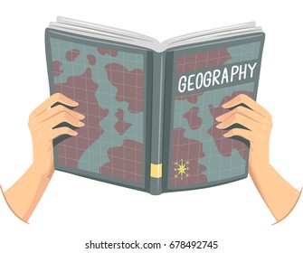 Illustration Featuring Hands Opening a Geography Book Designed With Maps and Grids