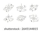 An illustration featuring hearts and star shaped, orbits and cosmic dots. A minimalist tattoo style design, perfect for stickers, logos and dreamy artwork.