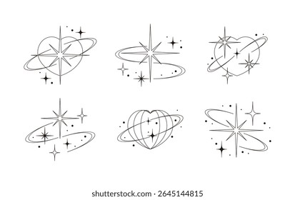 Uma ilustração com corações e estrelas em forma, órbitas e pontos cósmicos. Um design de estilo de tatuagem minimalista, perfeito para adesivos, logotipos e arte de sonho.
